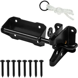 Heavy Duty Automatic Gate Latch for Wooden Fences with Pull String, 7.5" Self-Locking Gravity Gate Door Latches with Handle for Outdoor Garden, Pool, Metal Gates, Vinyl Fence, Black Finish