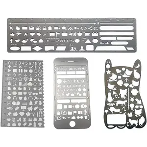 Journal Stencil Set,Ruler Drawing Painting Hollow Template Icon Tools DIY Kit for Scrapbook Album Card Planner Journal Making(Stainless Steel,4pcs with Different Icons)