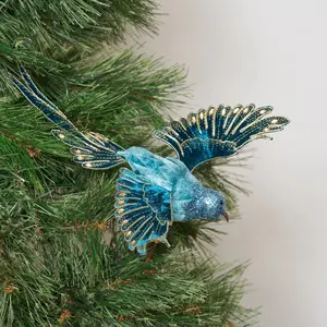 Blue Velvet Holiday Hummingbird with Gold Metallic Glitter Detailing Christmas Ornament on Pick