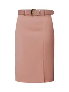 Spring & Fall Casual Slim-Fit Knee-Length Skirt, Plain Color Office Wear, Split Thigh Design, Metal Buckle Waistband Detail, Split Hem Skirt