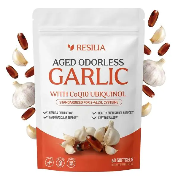 Resilia Odorless Aged Garlic Extract 600 mg softgels with CoQ10 Ubiquinol and Vitamin K2 (as MK-7), 20-Month Matured Garlic, 60 Softgel (Pack 1)