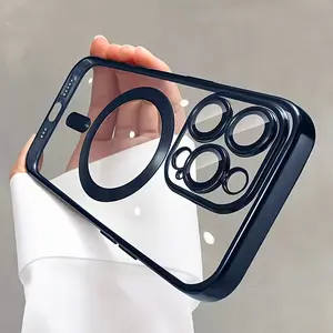 Suitable for iPhone 16/15/14/13/11/12 Pro Max Plus High-Quality Electroplated Magnetic Absorption Phone Case Wireless Charging, Shockproof Protection, and Transparent TPU Material - Includes Lens Film Protector Sleek Cross Full Body Aluminum with Magsafe