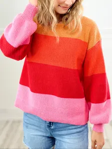 Women's Colorblock Stripe Sweater, Bright and Knit Pullover for Fall & Winter, Cute Rainbow Crewneck Top