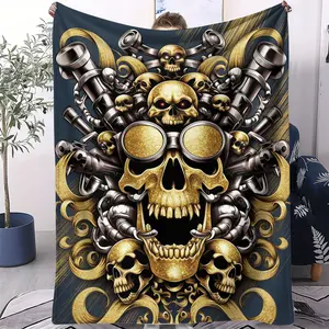 1 Pcs Retro Punk Style Blanket, Thickened Warm Flannel Blanket, Golden Skull Goggles Print, Ideal for Coloring Lovers, Suitable for Sofa, Dormitory, Living Room Decorative Gifts
