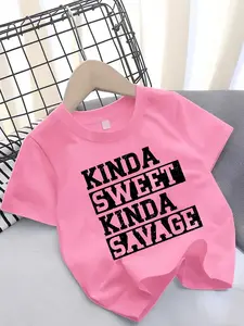 Girls Summer Fashion Creative Letter Pattern Printed Short Sleeve T-Shirt, Perfect for Outdoor Activities and Casual Comfort, Casual Tee Tops