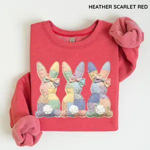 Patchwork Easter Bunny PRINT Sweatshirt, Cute Vintage Cottagecore Bunny Shirt Pullover Top Womenswear