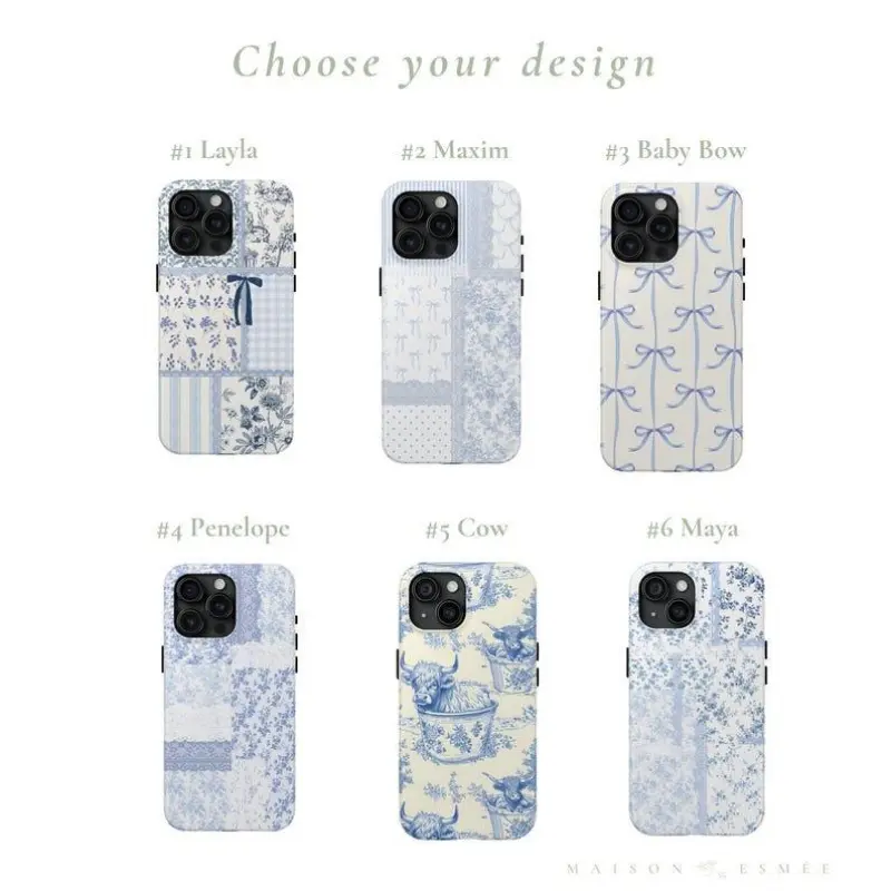 Pastel Blue Patchwork Rubber Smartphone Case - Toile, Bow, Cow Print, Floral, Lace Aesthetic, Slim, Durable Polycarbonate-Plastic Casing with Shockproof Protection - iPhone 11,12,13,14,15,16,17 Pro Max Plus Wireless Mobile Phone Accessory, Handheld, Cellp