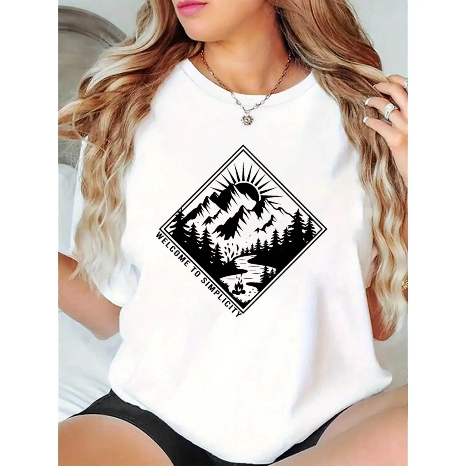 Women's White Nature Graphic T-Shirt: Mountains, Trees, Campfire, 'Welcome to Simplicity' – Casual Outdoor Hiking Camping Top for Ladies