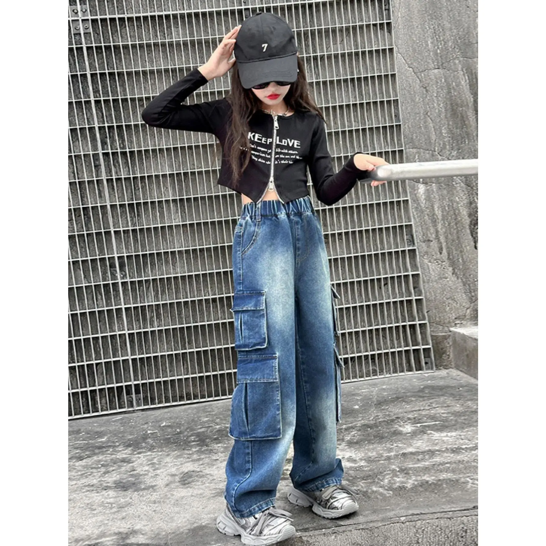 Girls' Cargo Jeans in Plain Cotton Denim, Wide Leg Workwear Style with Large Pockets for Spring & Fall Wear, Casual, Daily Play, Basic, Machine Washable, 7-8Y, 9-10Y, 13 - 14 Years