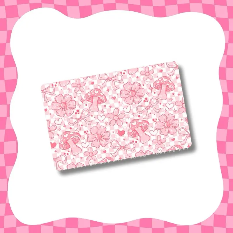 Pink Checkered Mushrooms Card Skin - Super Cute & Durable Vinyl Sticker- Water-Resistant & Versatile for Various Card Sizes, Front Only