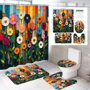 4pcs Vibrant Floral Bathroom Set, Colorful Shower Curtain Sets, Stylish Flower Patterns, The floor mat fabric is thicker and softer! Floor Mats & Toilet Seat Cover, Spring & Summer Decor