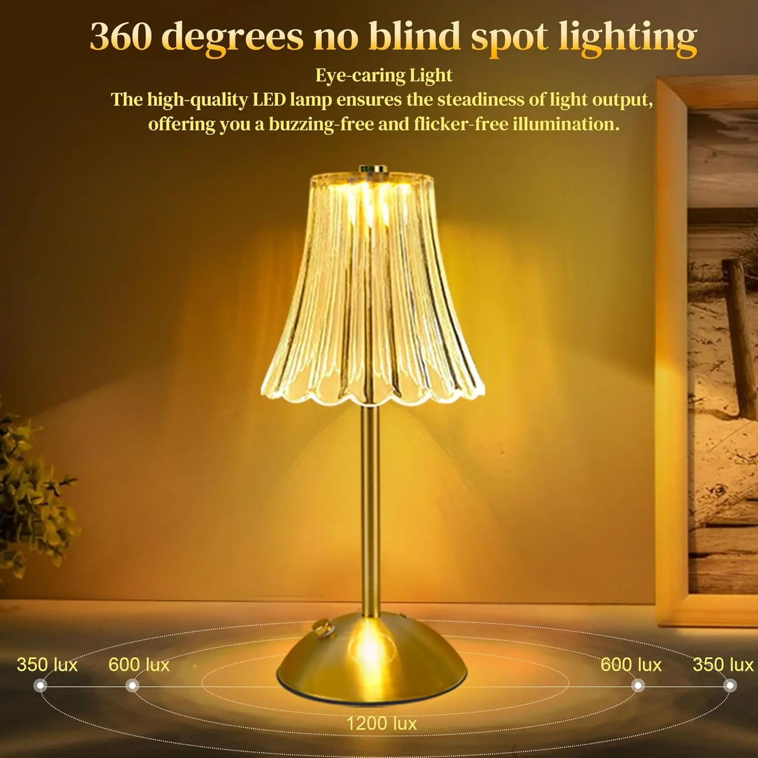 Vintage Gold Cordless Table Lamp - Rechargeable Touch Dimmable LED Desk Lamp for Bedroom, Dining & Patio