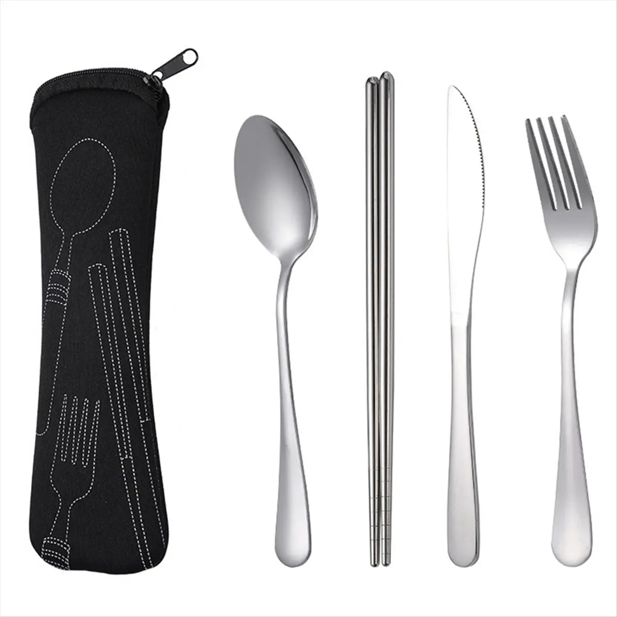 5-Pcs Stainless Steel Travel Cutlery Organizer Set - Compact Tool Organizer with Fork, Spoon, Steak Knife, Chopsticks, Washable Storage Bag, Black - for Travel, Dinner Use, Fork, Knife, Spoon