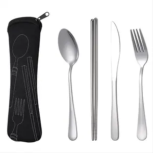 4Pcs Set Dinnerware Portable Stainless Steel Spoon Fork Steak Knife Set Travel Cutlery Tableware with Bag Black