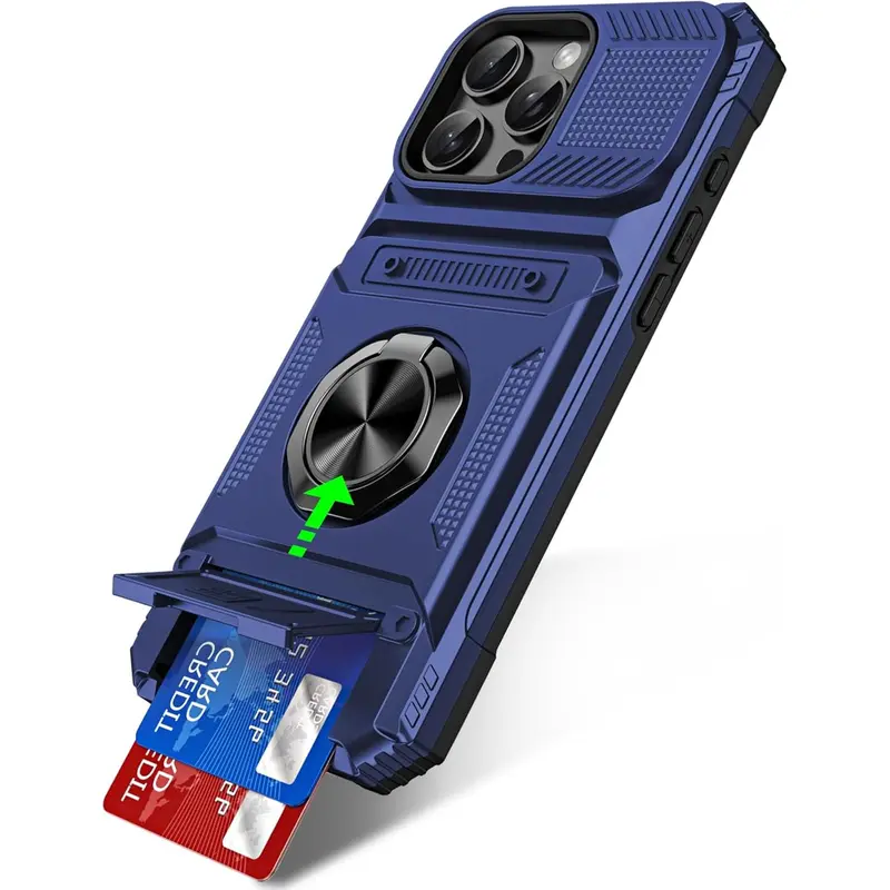 Military Grade Smartphone Casing with 360° Rotatable Ring Kickstand, Card Holder & Screen Protector - Heavy Duty Shockproof Protection Cellphone Accessory for iPhone 17 Pro Max,16,16E,15,14,13,11 Pro Max Plus (Blue)