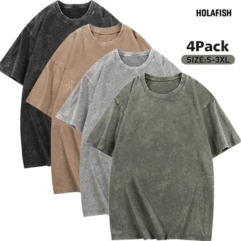 Holafish Men's 4-Pack 100% Heavy Cotton Vintage Acid Wash Crew Neck Short-Sleeve T-Shirts - M-3XL, Baggy Drop Shoulder, Preppy Plain Fabric Top, Foldable, Easy Movement, Gym/Streetwear Ready, Shrink & Fade Resistant, Jacket-Ready Layer, Casual Apparel
