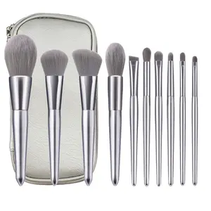 10Pcs Silver Makeup Brush Set, Tapered Wooden Handle Brushes, Travel-Friendly Makeup Tools with Storage Pouch, Soft Bristle Highlighter Brush for Daily Makeup