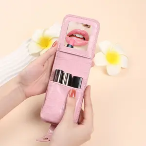 2026 Leather Croc Pattern Lipstick Pouch with Mirror, Portable Makeup Bag, Travel Cosmetic Purse, Perfect Gift for Girlfriend or Mom
