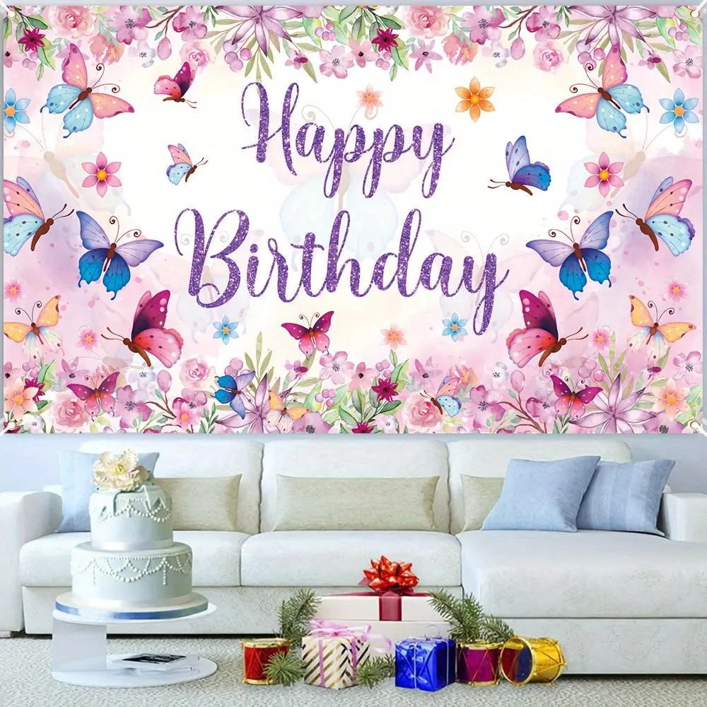 Reusable Large-Size Butterfly & Flower Birthday Wishing Banner, 1pc Polyester Party Decor, 70.87in x 43.31in Wall Hanging Backdrop for Cake Table Atmosphere Boost