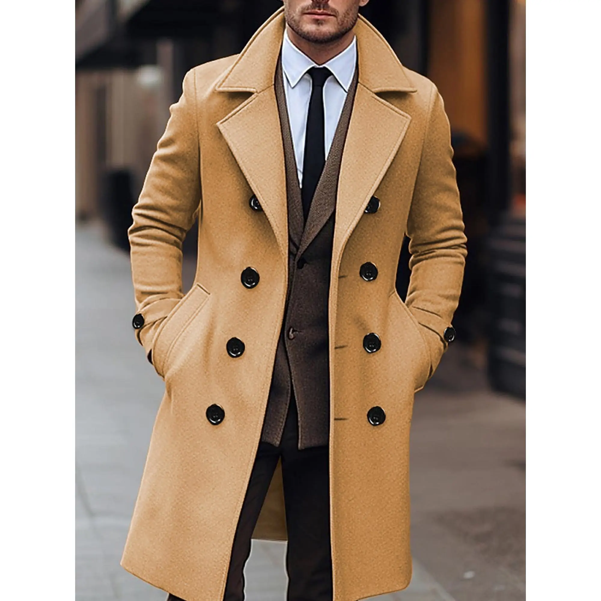 Elegant Men's Gray Tweed Pea Coat - Warm, Double-Breasted, Long Sleeve with Side Pockets & Brown Trim - Casual Solid Color Winter Cardigan for Streetwear, Casual Streetwear|Doublebreasted Design|Buttonup Coat
