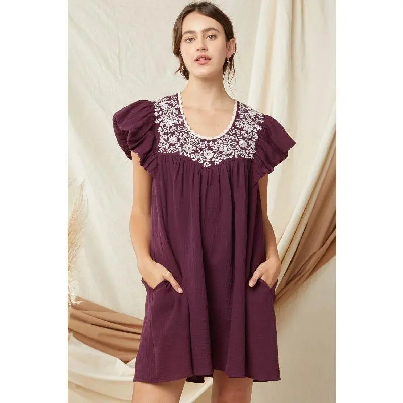 Entro Embroidered Babydoll Dress with Pockets - Grape