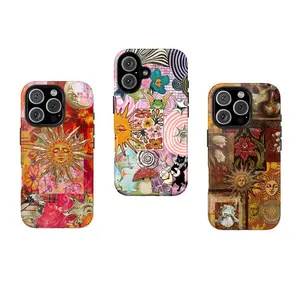 [No magnetic]  Retro Sun & Moon Collage Phone Case,Vintage Floral & Mushroom Print Dual-Layer design durable phone Cover,for iPhone 17 16 15 14 13 12 11 Pro Max Plus & Samsung Galaxy S26 S25 S24 S23 S22 Ultra, Accessories, Smartphone