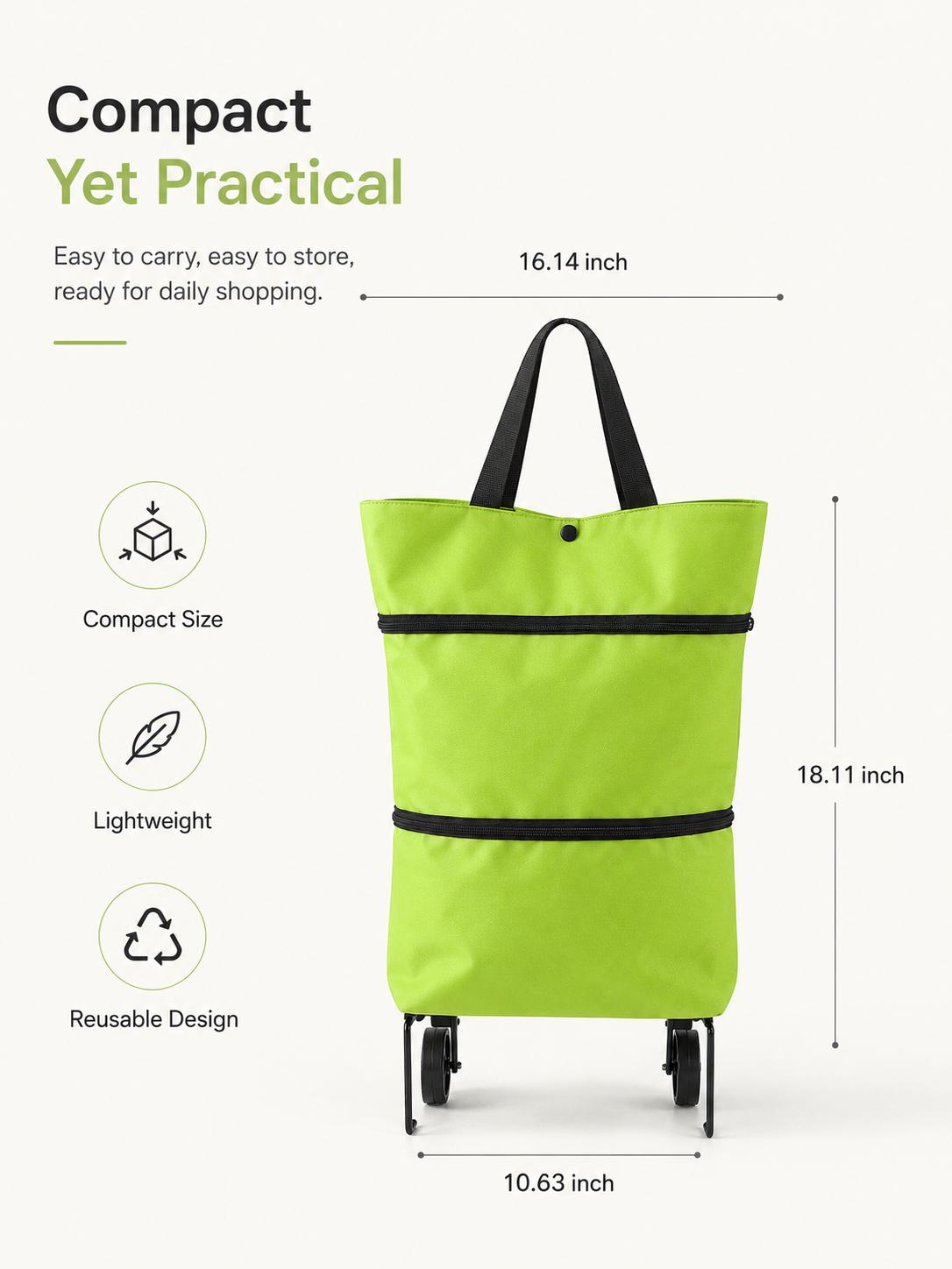 Foldable Shopping Trolley Bag with Wheels, Portable Reusable Grocery Tote, Lightweight Rolling Shopping Cart Bag with Carry Handles for Supermarket, Travel, Laundry and Daily Use