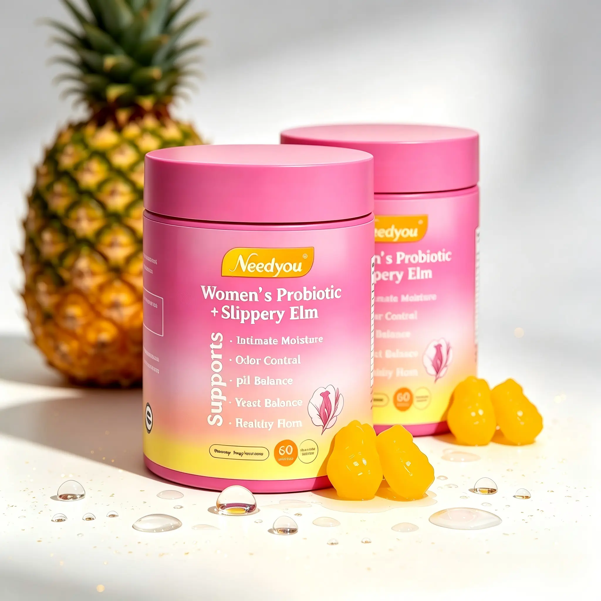 Her Juicy Travel-Friendly Feminine Balance Probiotics Gummies – Complete Portable Formula Slippery Elm, Prebiotics & Multi Lactobacillus Strains On-the-Go pH Support & Dryness Relief, Hawaiian Pineapple 60 Count