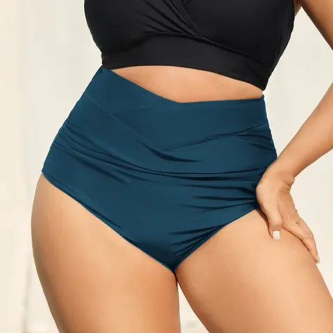 BloomChic Crossover High Waist Ruched Bikini Bottoms 【M-6XL】