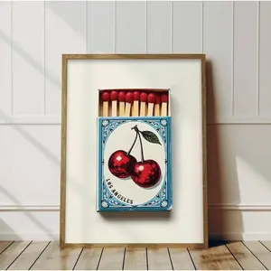 [Sale off up to 65%][Free Ship][No Frame] Cherry Matchbox Poster, Vintage LA Matchbox Art, Retro Wall Decor, Fruit Illustration, Aesthetic Wall Art
