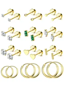 Mixed 12 Pairs Honey Golden Sweet Flat Back Ear Studs for Women Men Contemporary 304 Stainless Steel Piercing Pieces Twist Back Earring Series for Multi-Hole Ear Layouts Mini Cartilage Ear Trinkets Daily Casual Piercing Embellishments