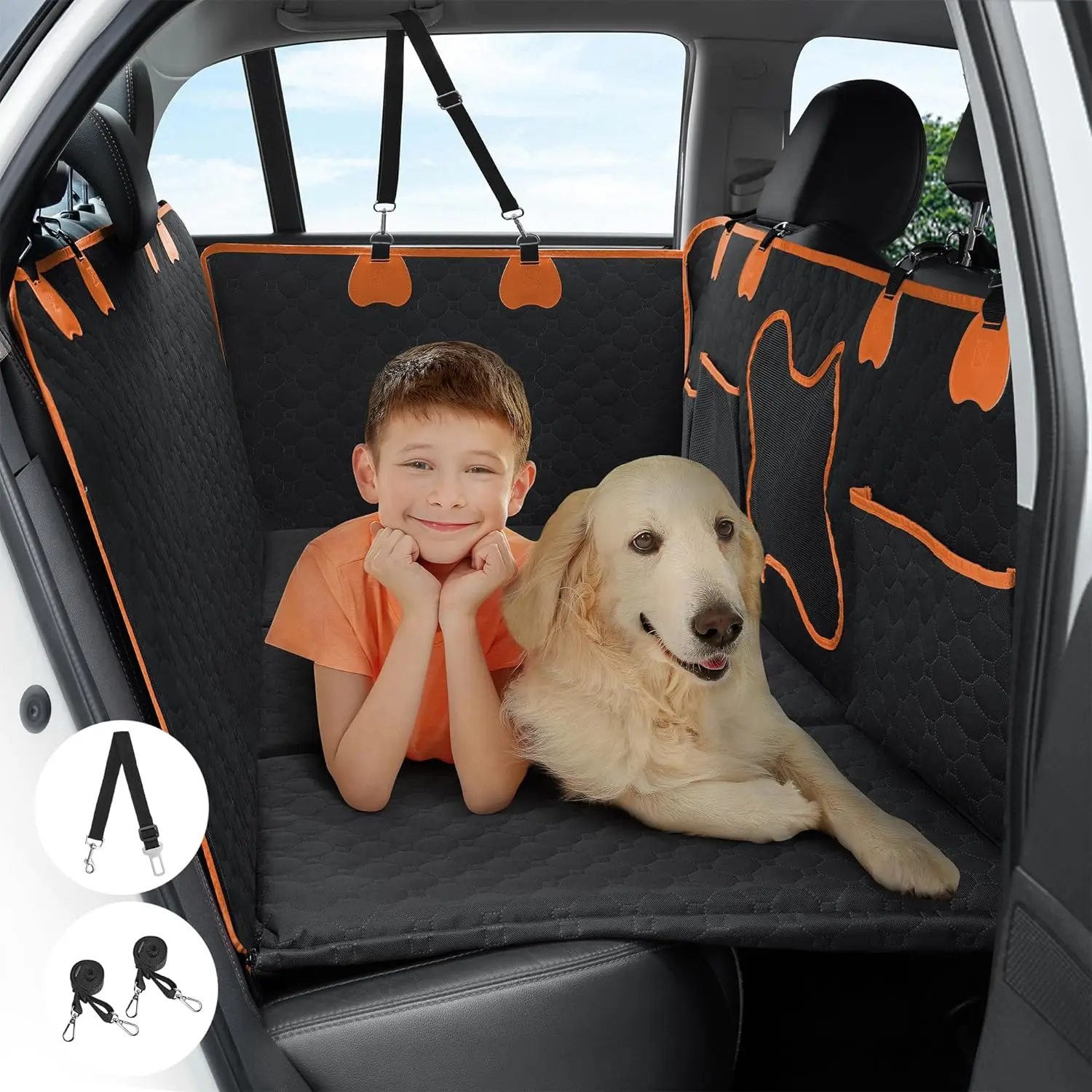 Back Seat Extender for Dogs with Hard Bottom, Dog Car Seat Cover for Back Seat Waterproof with Mesh Window and Storage Pocket Dog Car Hammock for Cars