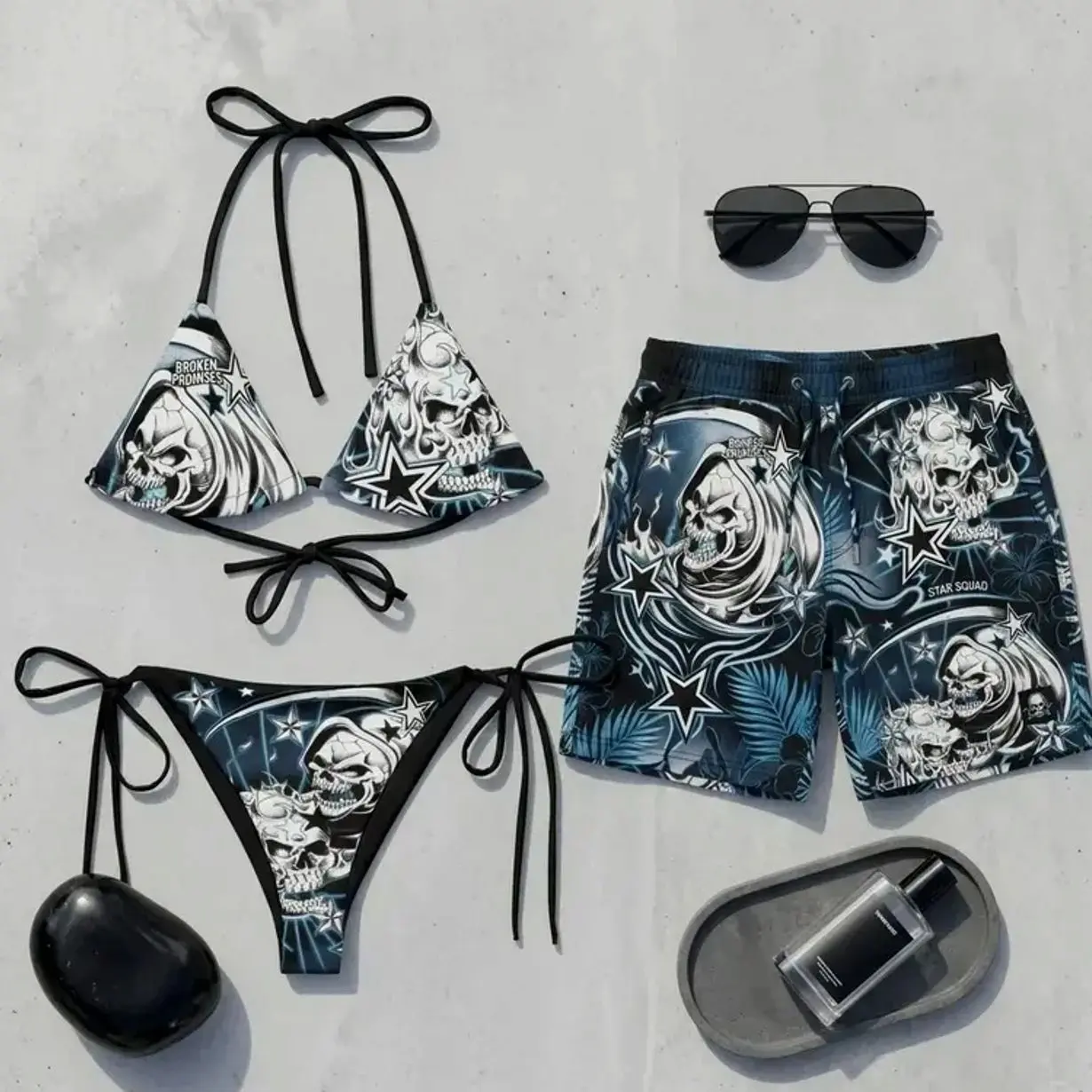 [SUPER HOT] Matching Sailor Skull Print Bikini Set – Gothic Style Bikini and Swimsuit, Unique and Stylish Beachwear, Perfect Matching Outfit for Summer Vacation.