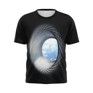 Unisex 3D Vortex Tunnel Optical Illusion T-Shirt, Black with Blue Sky Clouds Graphic, Casual Streetwear for Daily Wear, Parties, Music Festivals, Trendy Graphic Tee for Men & Women