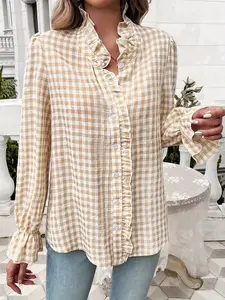 Spring New Women's Fitted Shirt Blouse with Stand Collar, Button, Ruffled Long Sleeve Checkered Design, Stylish Cardigan for Casual Womenswear, Casual Fitted Collared