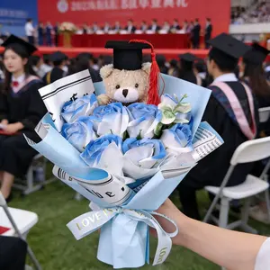 Graduation Bear Bouquet Gift, Blue Artificial Rose Flower Bouquet with Plush Bear, Graduation Cap Decor and Ribbon Wrap, Keepsake Gift for Graduate, Friend, Daughter or Classmate, Grad Party Favor