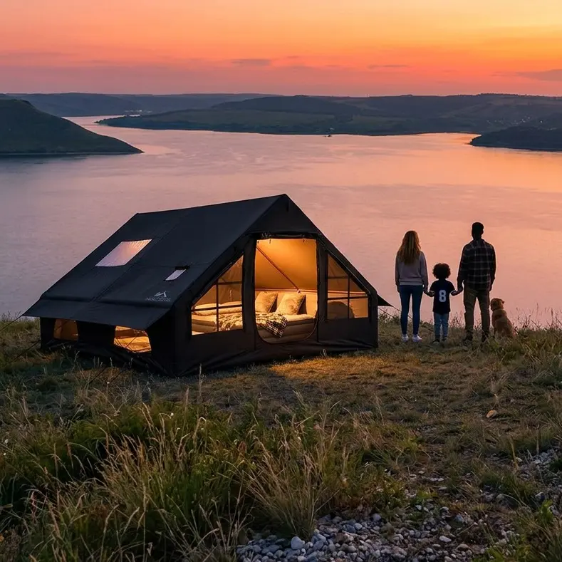 SENLEETO 129 Sq Ft Luxury Inflatable Camping Tent 5-8 Person, 5-Min Fast Setup Blackout Glamping Air Beam House Tent with AC Port, Stove Vent & Ground Sheet
