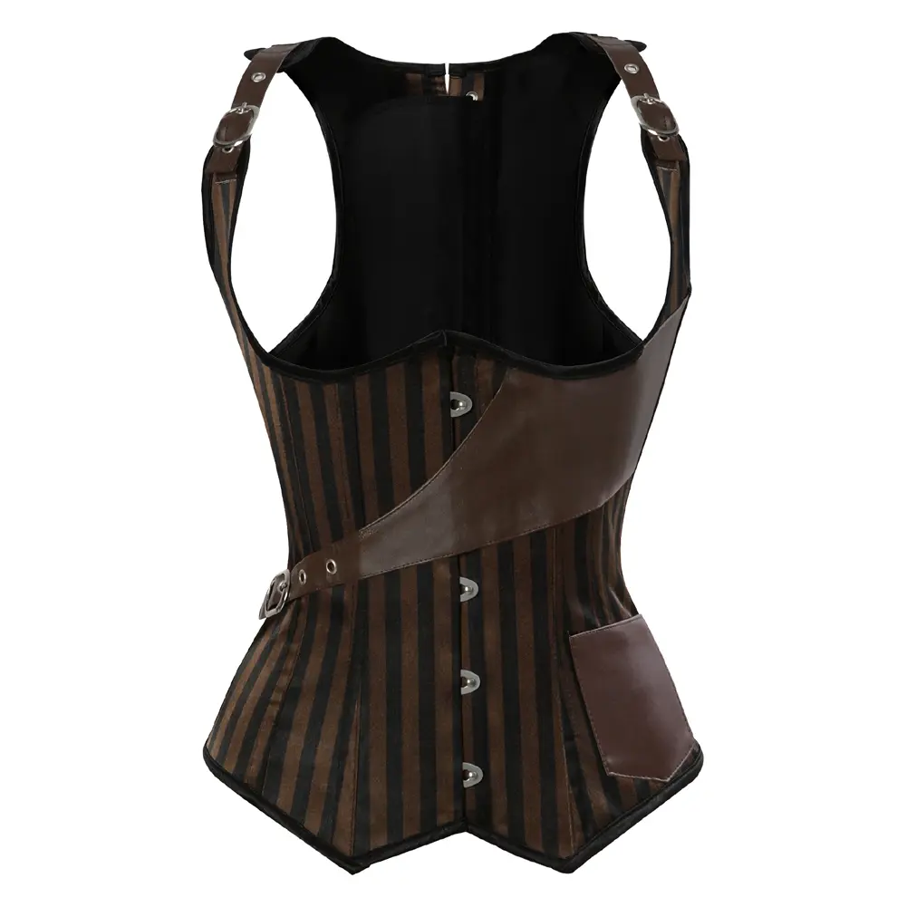 Women's Underbust Cropped Corset Top - Pirate, Steampunk, Gothic, Renaissance Inspired Vintage Fashion, Lace Accent, Shoulder Straps, Zipper Closure, Plus Size for Halloween Cosplay Costumes, Brown, Witch