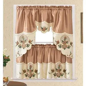 3pcs Kitchen Cafe Curtain Set Swag and 24 inches Tiers Set for Small Windows Rose Embroidery Border with Inserted Organza Bronze
