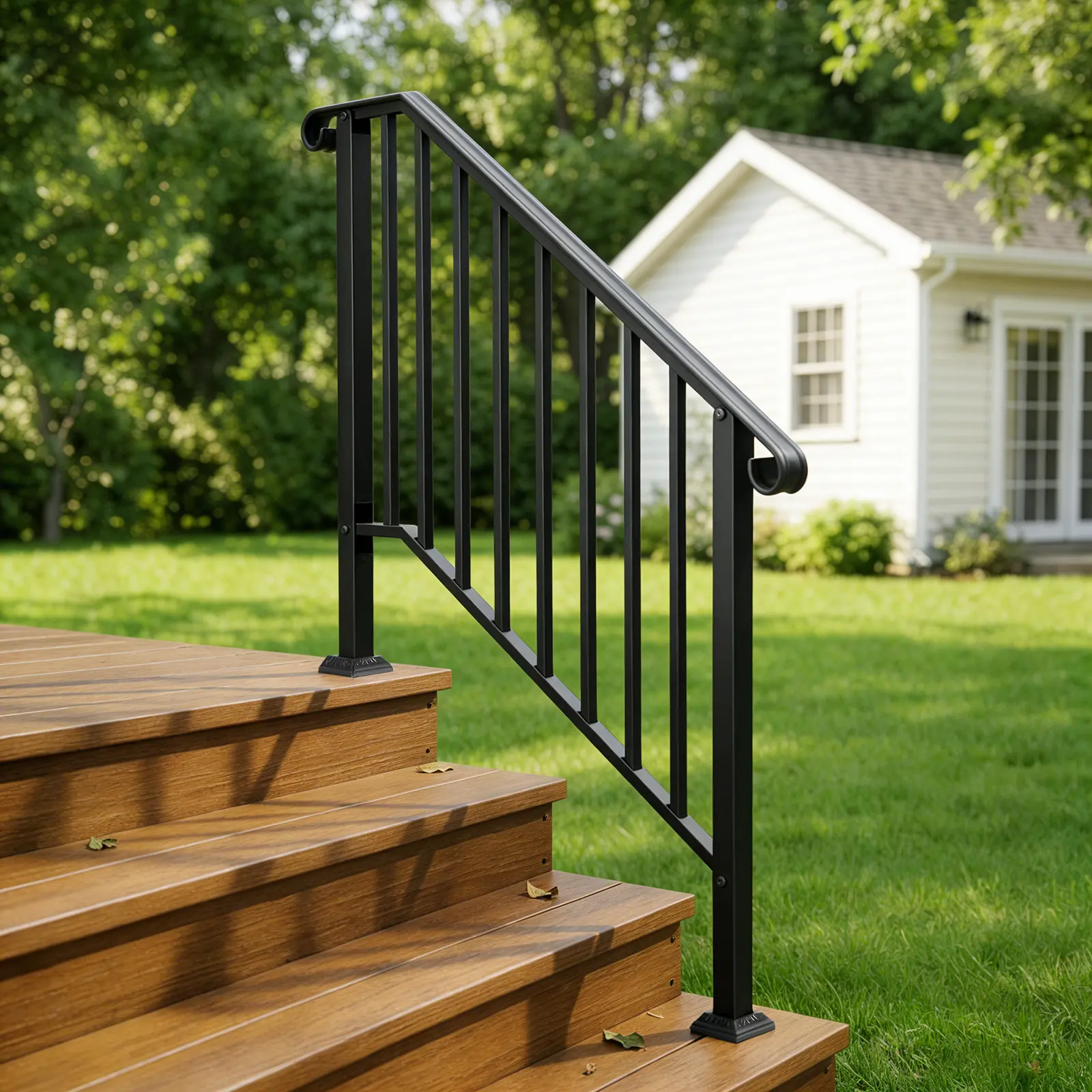 Matte Black Galvanized Iron Picket Handrail Kit with Curved Rails for Residential 3/4 Steps, Heavy-Duty Rust-Proof Exterior Safety Support Railing, Complete Installation Hardware (Non-Aluminum)