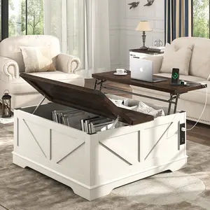 Farmhouse Lift Top Coffee Table 40" with Power Outlets Large Hidden Storage Square Design Multi-Function Lift Wooden Barn Door Center Table Home Furniture 40"x40" Size Premium Quality Sturdy Design Easy Assembly