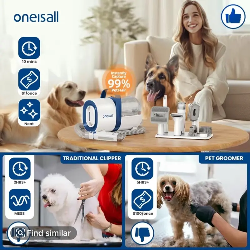 Oneeisall Pet Vacuum & Dog Brush for Shedding - 2-Hour Mess & Nests Cleaning, Ideal for Dogs of All Kinds, 99% Satisfaction Rating