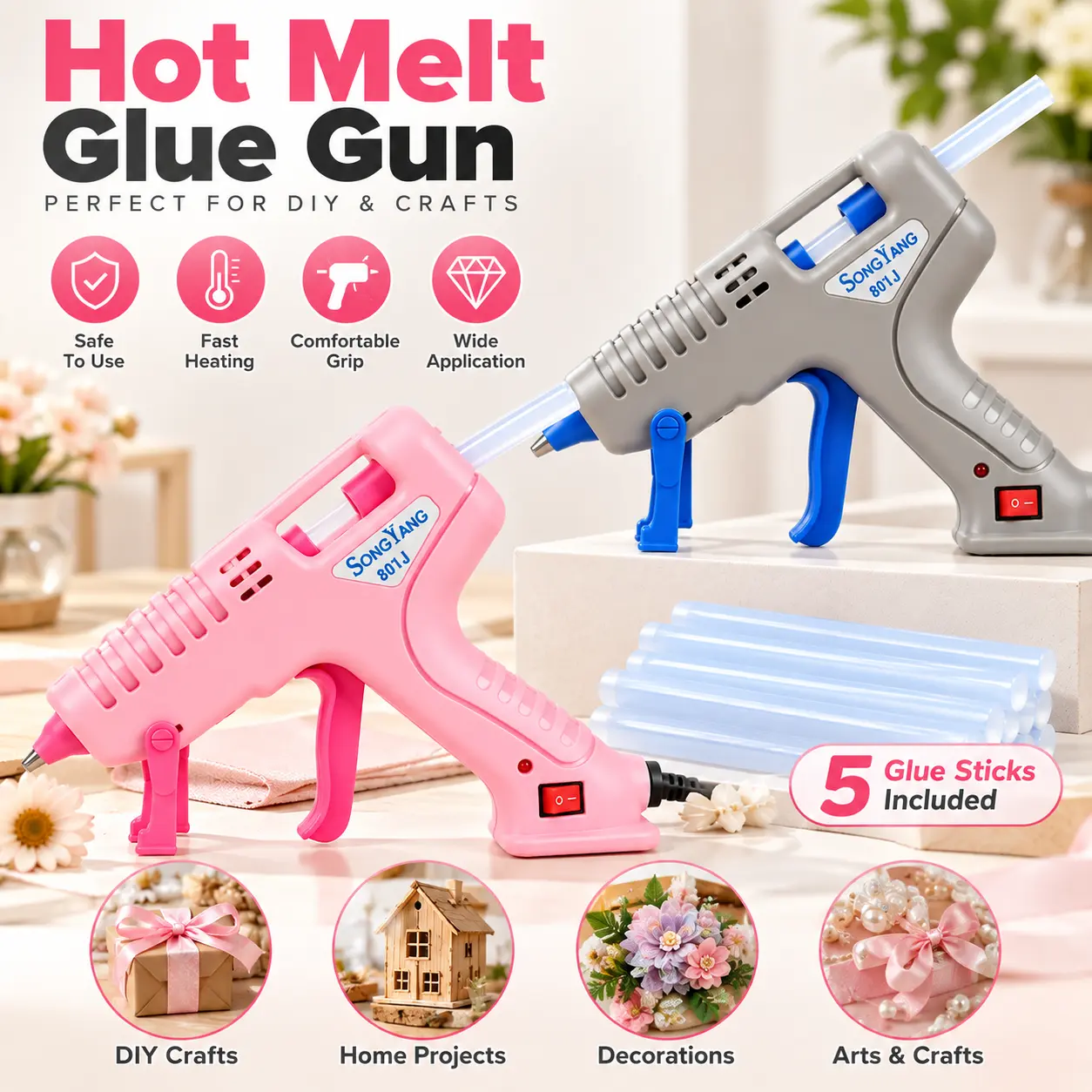 Lightweight  Hot Glue Gun, Bundled with 5 Transparent Glue Sticks, Stable Glue Output & Heat-resistant Shell, Versatile Hand Tool for Fabric, Wood, Cardboard Crafting and Household Minor Fixes