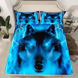 Wolf Bedding Set,Safari Animal Pattern Bed Sheet Set,Cool Wildlife Style Fitted Sheet,Room Decor Blue Wild Wolf Lightweight Bed Cover