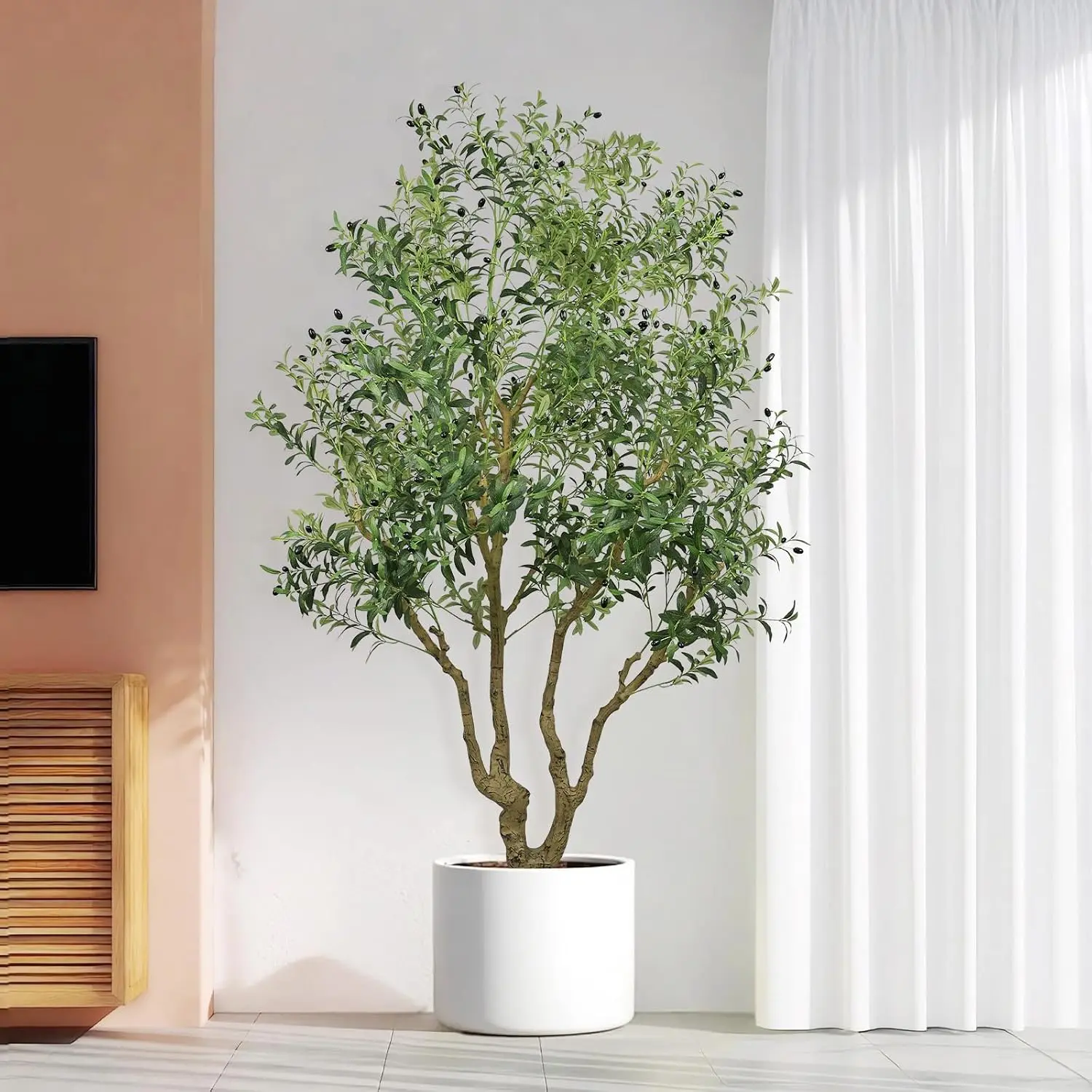 8FT Artificial Olive Wood Faux Tree - Indoor Outdoor Home Decorative Plant with Natural Trunk, Lifelike Leaves, Fruit, Pot, 1 Piece, One Piece, Outdoor Indoor