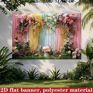 2D Polyester Garden Decoration Background, Macaron Blue Floral Wedding Backdrop, Gradual Rose Greenery, Outdoor Lawn Wedding