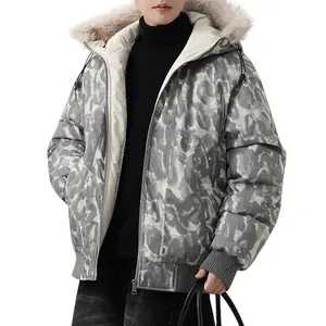 Camouflage Men's Puffy Jacket Winter Faux Fur Hooded Thermal Insulated Coat Fleece Lined Stylish Functional Design with Fur Trim