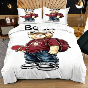Soft and Durable Skateboard Bear Print Bedding Set, Includes 1 Quilt Cover and 1 or 2 Pillowcases, Excluding Quilt Insert and Pillow Inserts, Suitable as Gifts for Children or Adults, Modern Style Fashion Bedroom Bed Decor