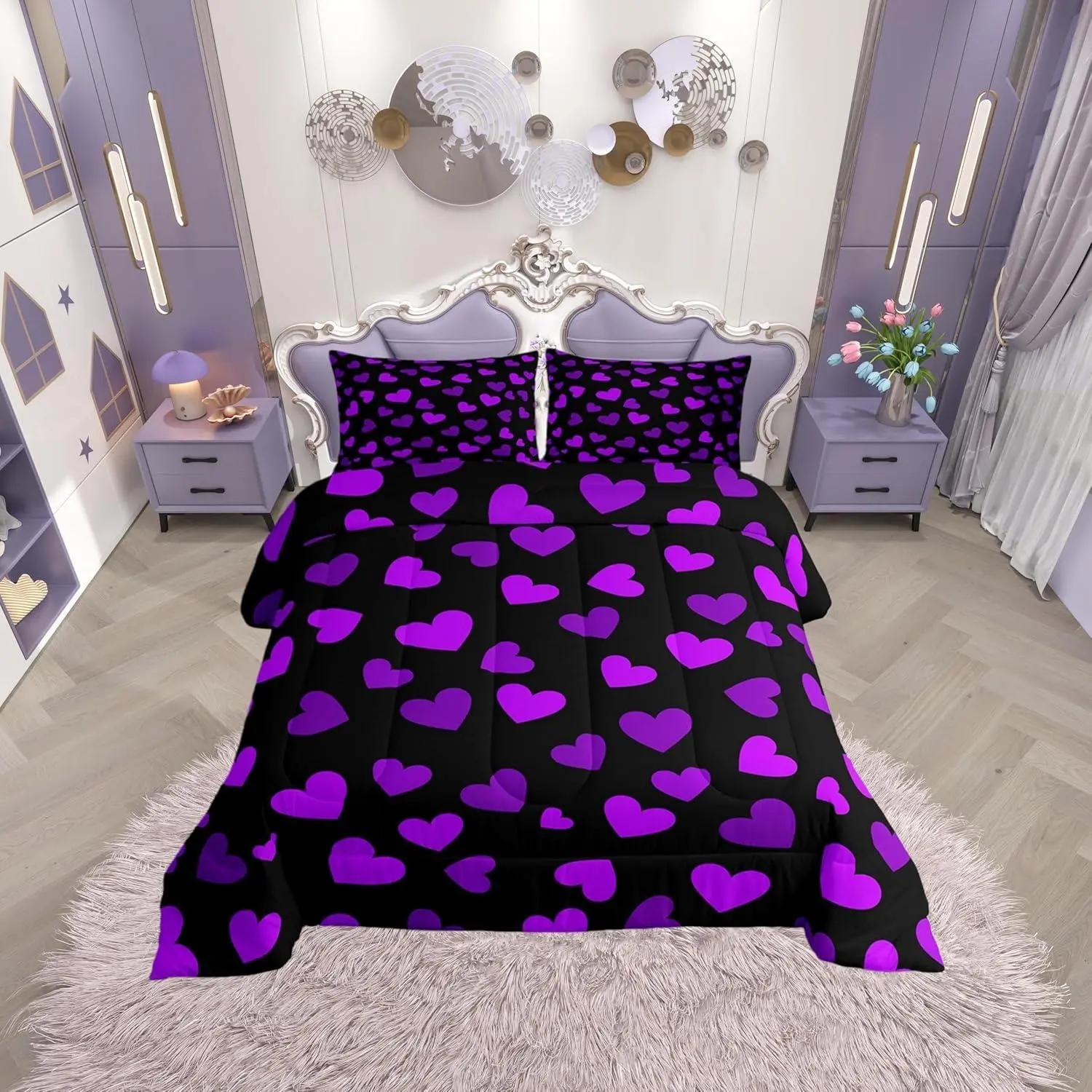 Purple Hearts Comforter Set,Romantic Valentine's Day Theme Bedding Set for Kids Teens,Chic Love Hearts Fashion Purple Black Down Comforter