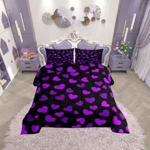 Purple Hearts Comforter Set,Romantic Valentine's Day Theme Bedding Set for Kids Teens,Chic Love Hearts Fashion Purple Black Down Comforter